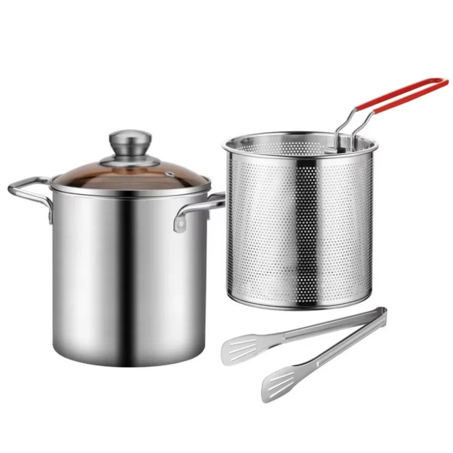 Deep Frying Pot Set | 304 Stainless Steel Fryer with Basket and Lid